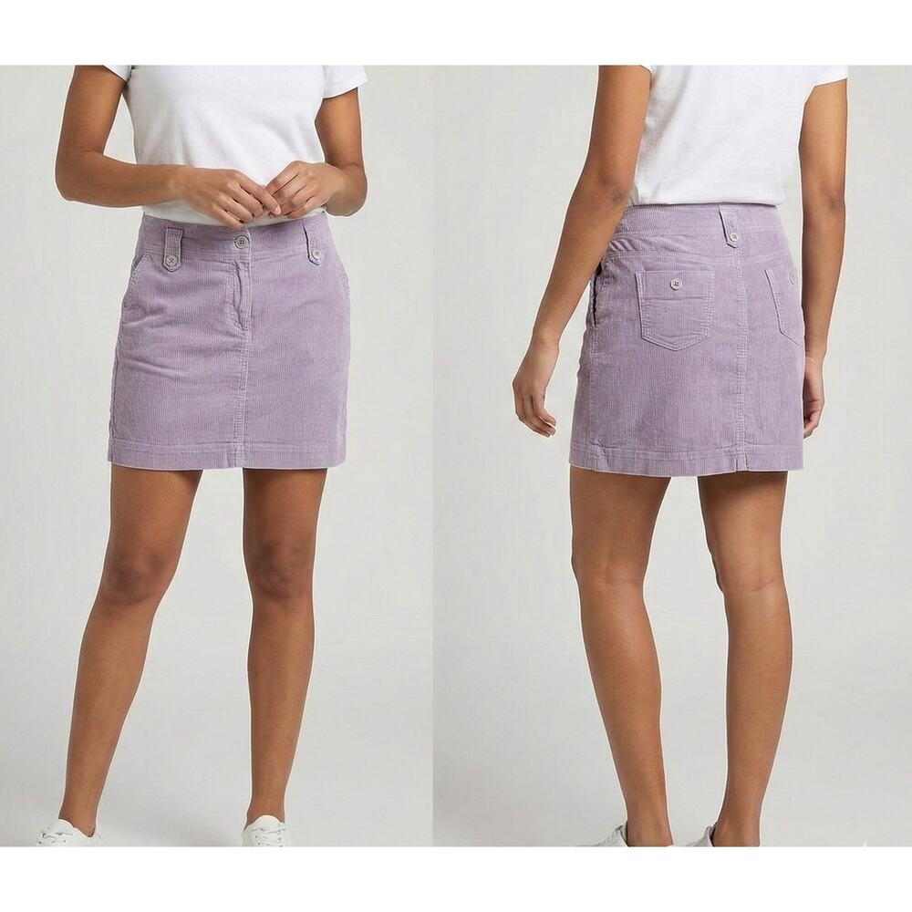 Ann Taylor LOFT Petites 8P Purple White Pin Stripe Zipper Button Short Skirt
